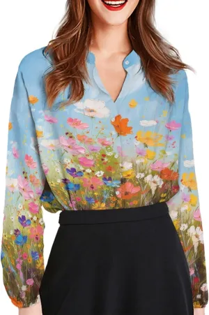 Coloranimal Women's Casual Long Sleeve Shirts Button Up V-Neck Blouse Tunic Tops Size S-5XL