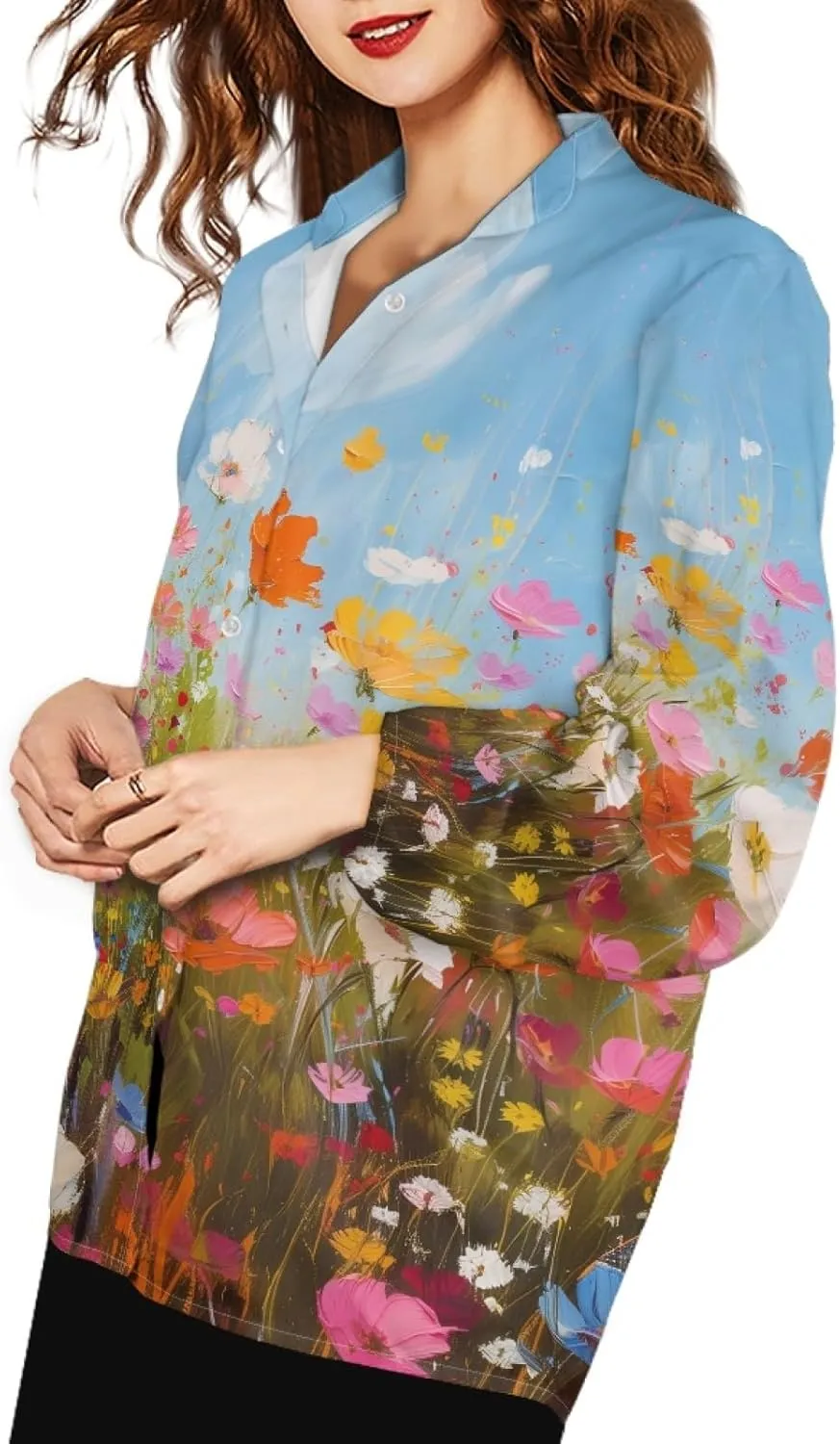 Coloranimal Women's Casual Long Sleeve Shirts Button Up V-Neck Blouse Tunic Tops Size S-5XL