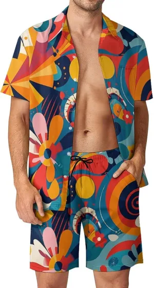 Colorful Abstract Flowers Mens Swimsuit 2 Pieces Set Quick Dry Shorts Shirts Summer Button Down Short Sleeve Set