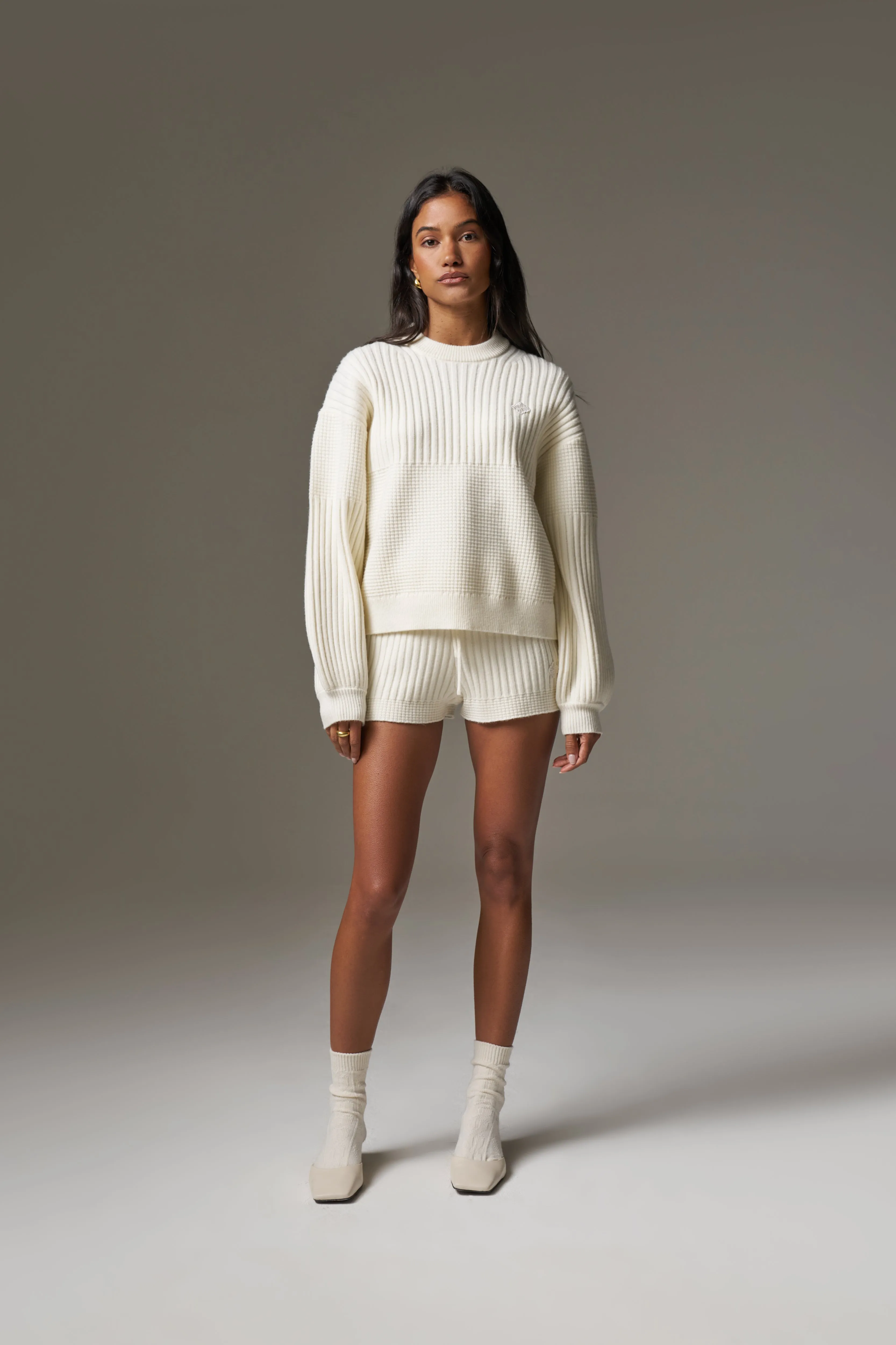 CONTRAST KNIT MINI SHORTS - ECRU