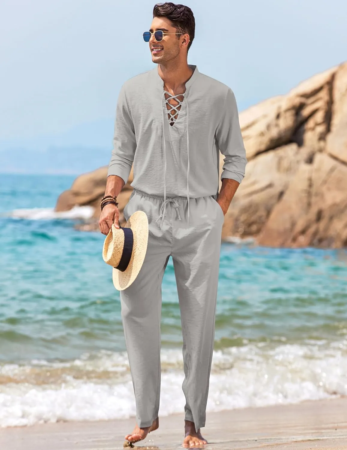 COOFANDY Men's 2 Piece Linen Set Long Sleeve Henley Shirts Casual Beach Pants With Pockets Summer Yoga Outfits