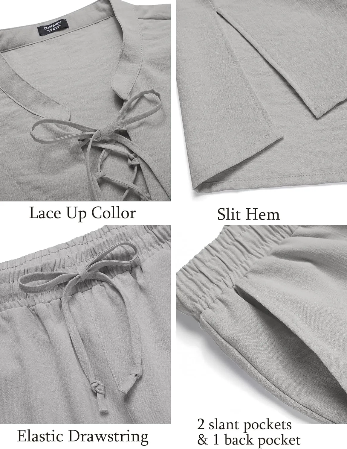 COOFANDY Men's 2 Piece Linen Set Long Sleeve Henley Shirts Casual Beach Pants With Pockets Summer Yoga Outfits