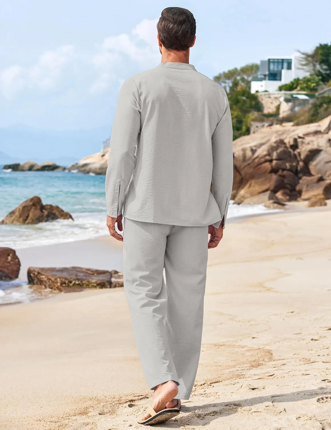 COOFANDY Men's 2 Piece Linen Set Long Sleeve Henley Shirts Casual Beach Pants With Pockets Summer Yoga Outfits