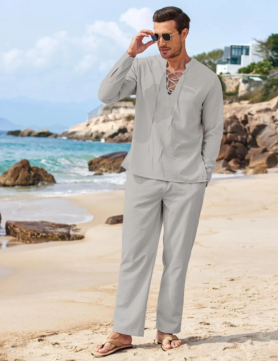 COOFANDY Men's 2 Piece Linen Set Long Sleeve Henley Shirts Casual Beach Pants With Pockets Summer Yoga Outfits