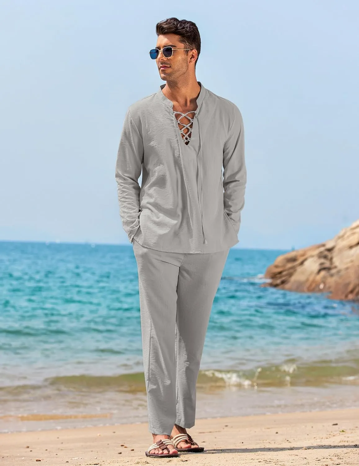 COOFANDY Men's 2 Piece Linen Set Long Sleeve Henley Shirts Casual Beach Pants With Pockets Summer Yoga Outfits