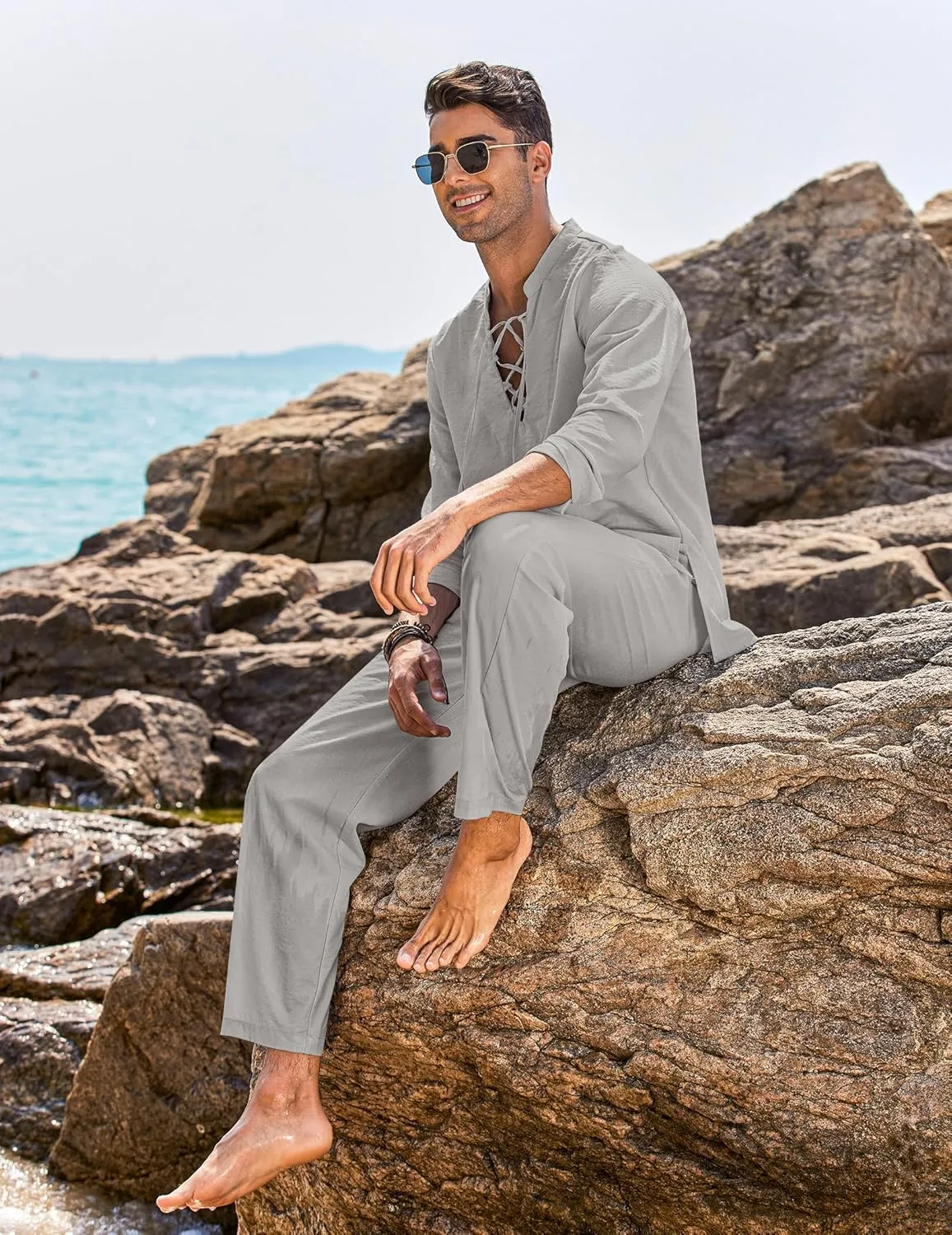 COOFANDY Men's 2 Piece Linen Set Long Sleeve Henley Shirts Casual Beach Pants With Pockets Summer Yoga Outfits