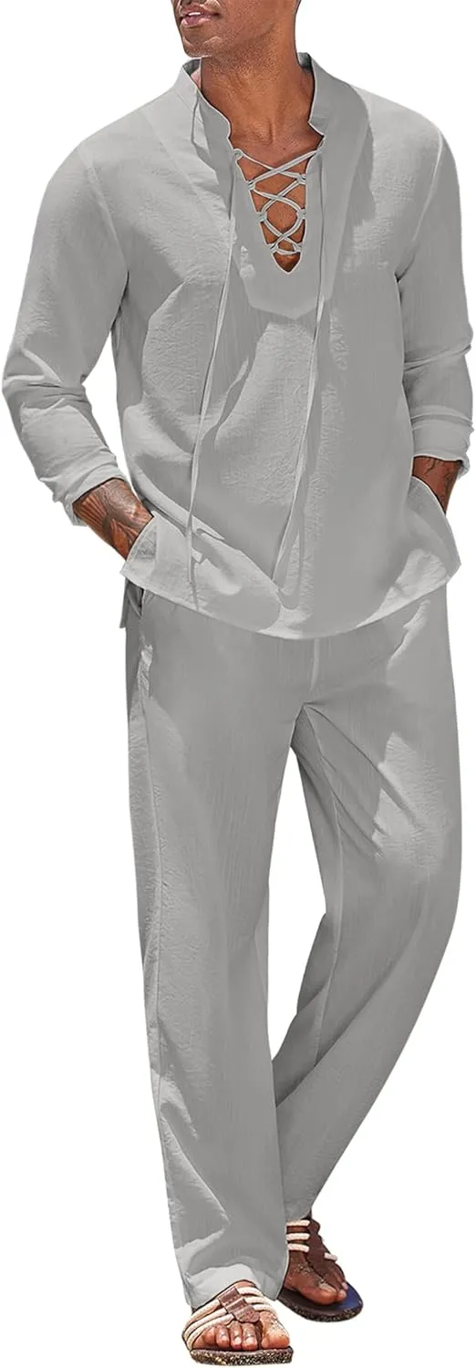COOFANDY Men's 2 Piece Linen Set Long Sleeve Henley Shirts Casual Beach Pants With Pockets Summer Yoga Outfits
