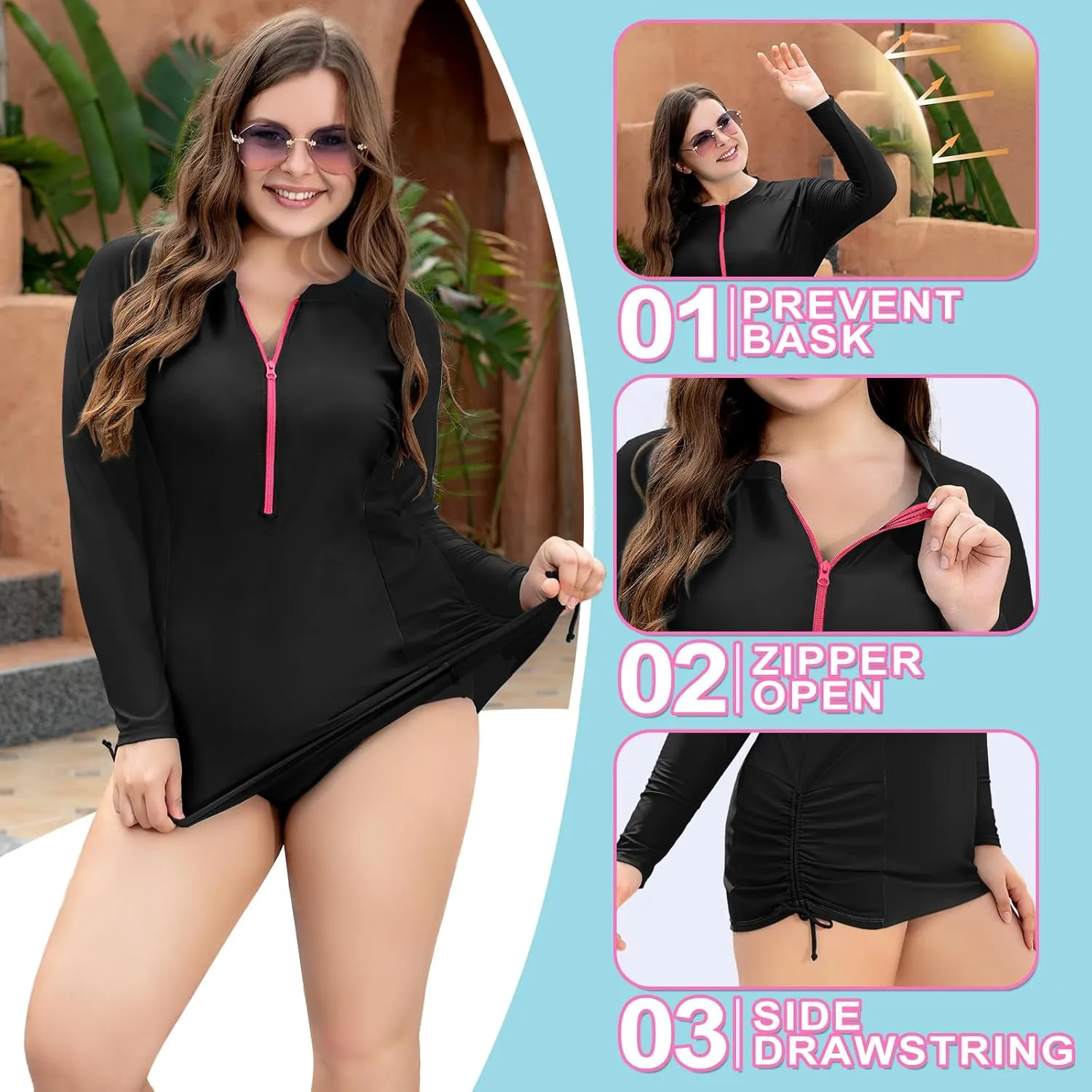COOTRY Womens Plus Size Rash Guard Long Sleeve Swim Shirts UPF 50  Sun Protection Swimsuit Top with Zipper