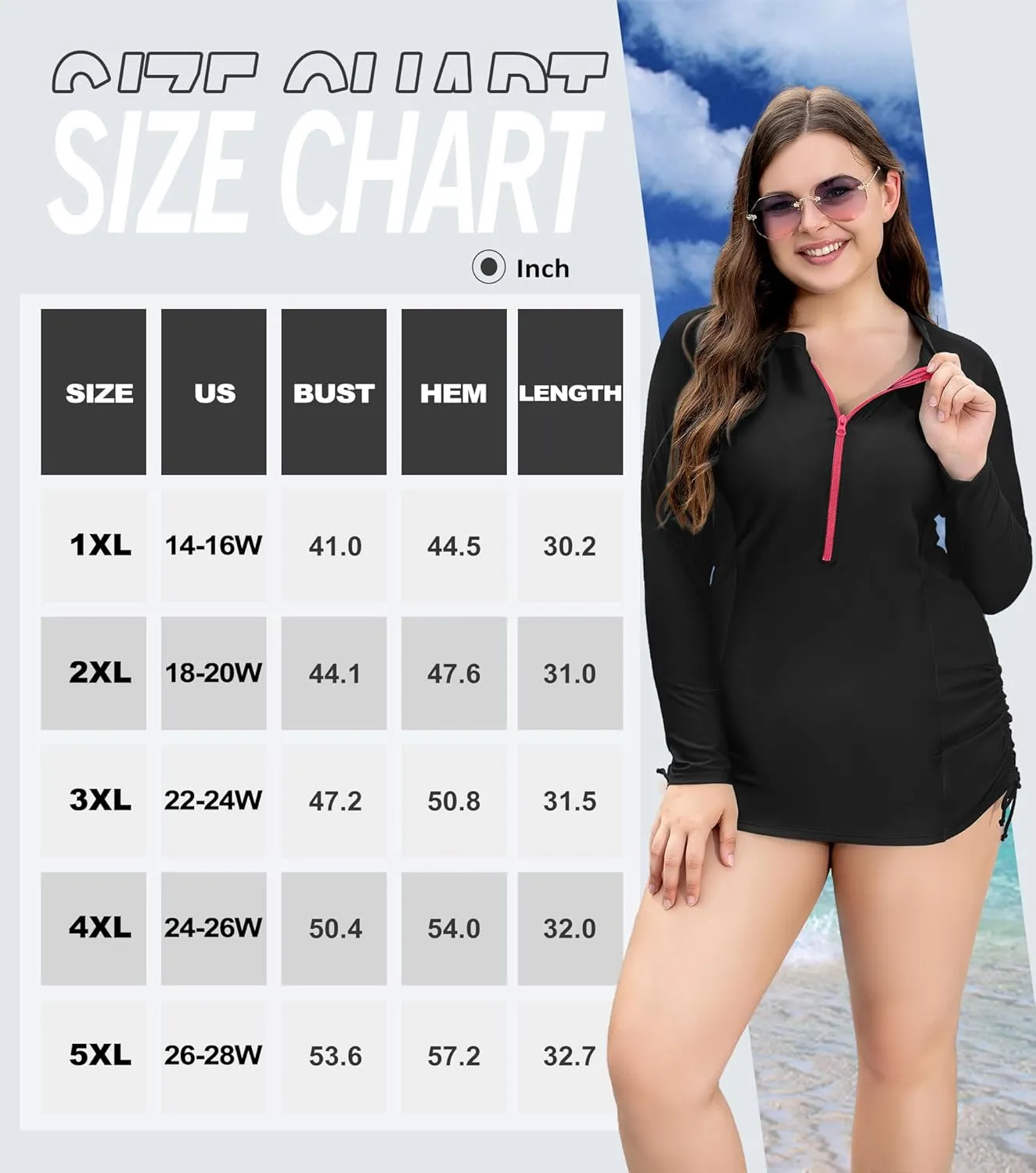 COOTRY Womens Plus Size Rash Guard Long Sleeve Swim Shirts UPF 50  Sun Protection Swimsuit Top with Zipper