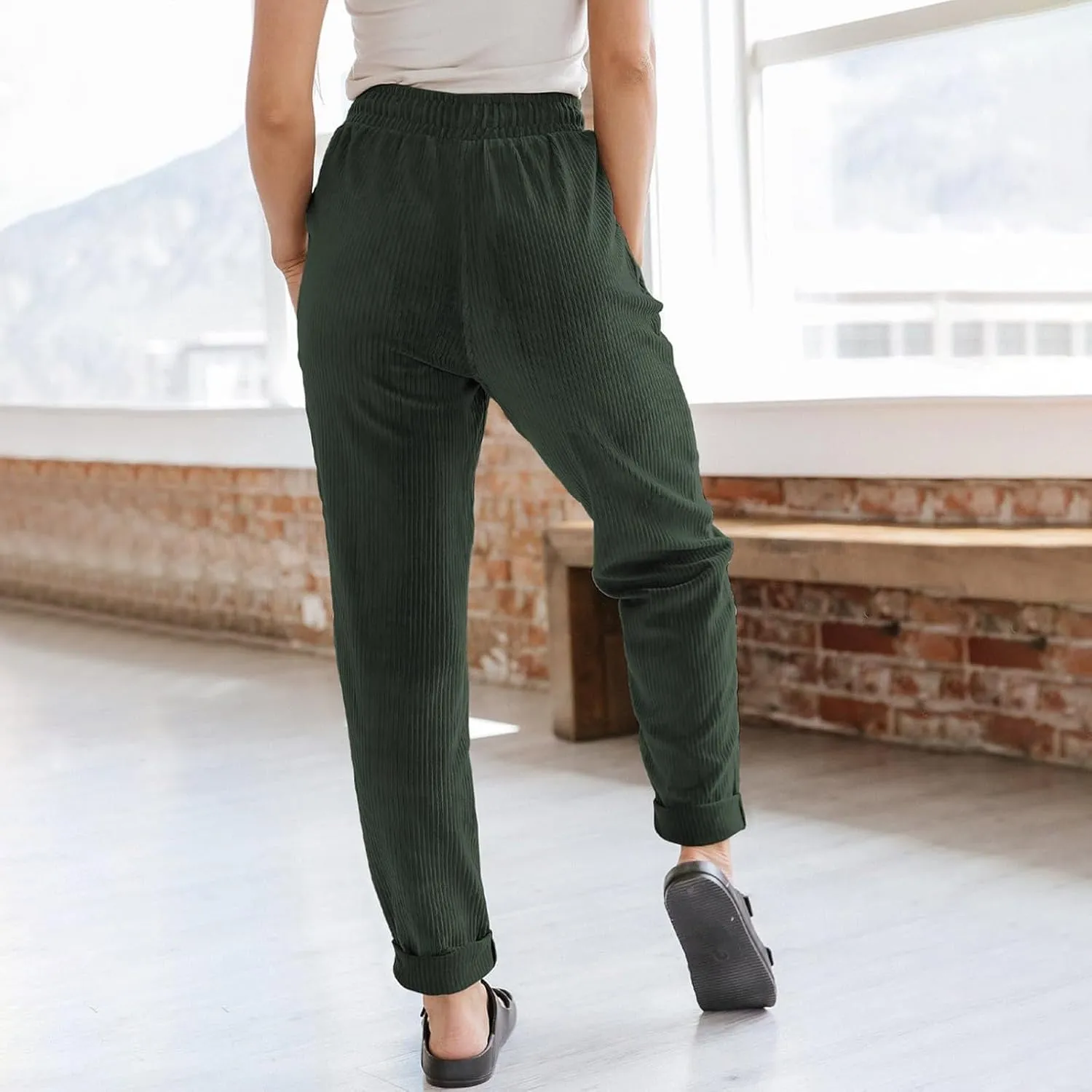 Corduroy Pants Women High Waisted Drawstring Casual Straight Leg Pants Loose Comfy Lounge Pants Trousers with Pockets