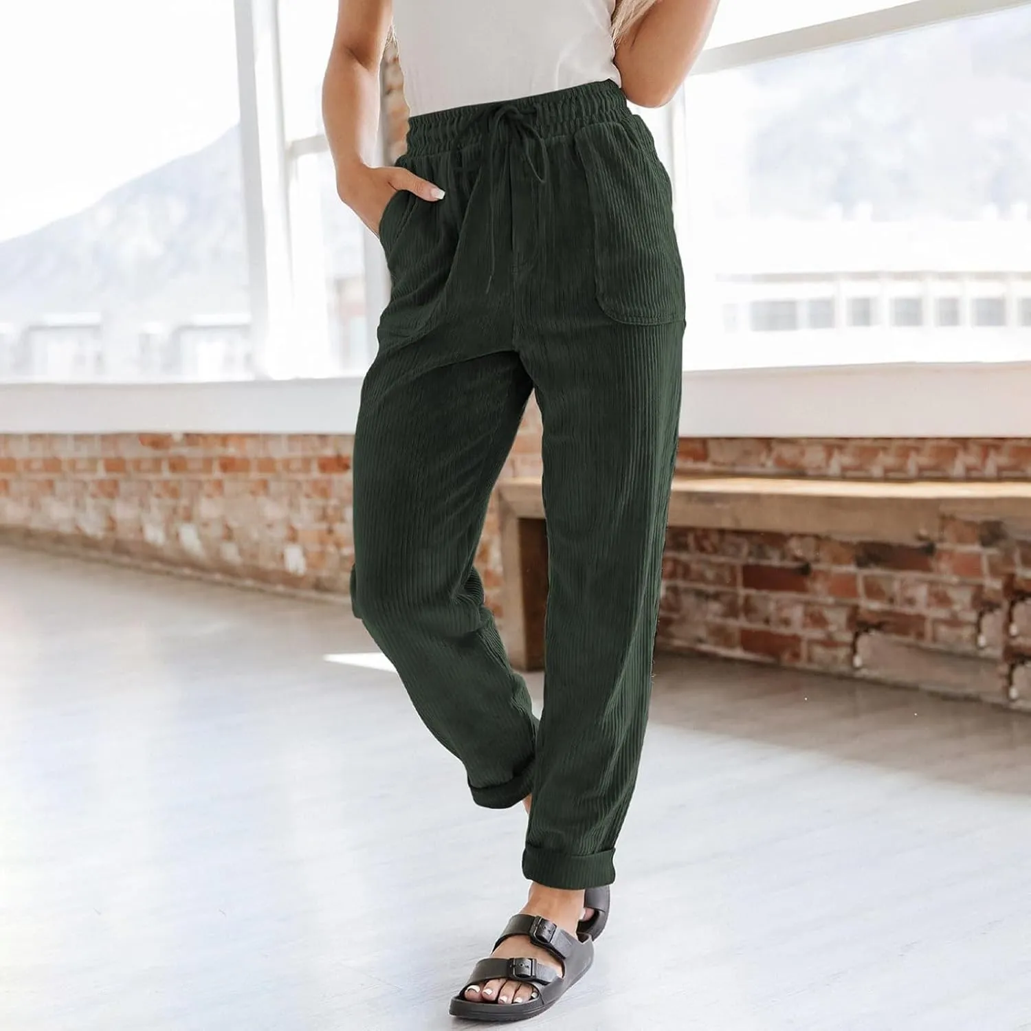 Corduroy Pants Women High Waisted Drawstring Casual Straight Leg Pants Loose Comfy Lounge Pants Trousers with Pockets