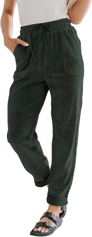 Corduroy Pants Women High Waisted Drawstring Casual Straight Leg Pants Loose Comfy Lounge Pants Trousers with Pockets