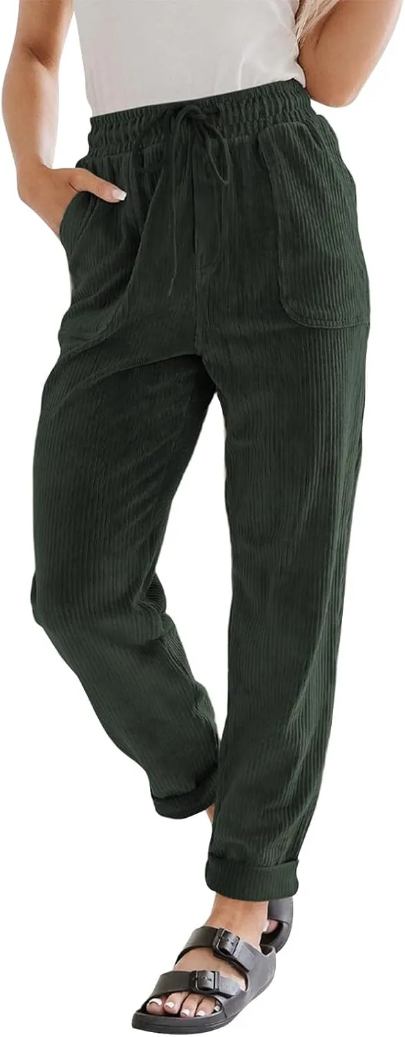 Corduroy Pants Women High Waisted Drawstring Casual Straight Leg Pants Loose Comfy Lounge Pants Trousers with Pockets