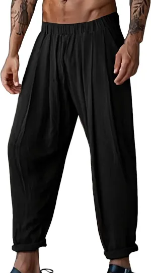 Cotton Linen Cargo Pants for Mens Elastic Waistband Lightweight Sweatpants with Pockets Summer Solid Regular Fit Activewears