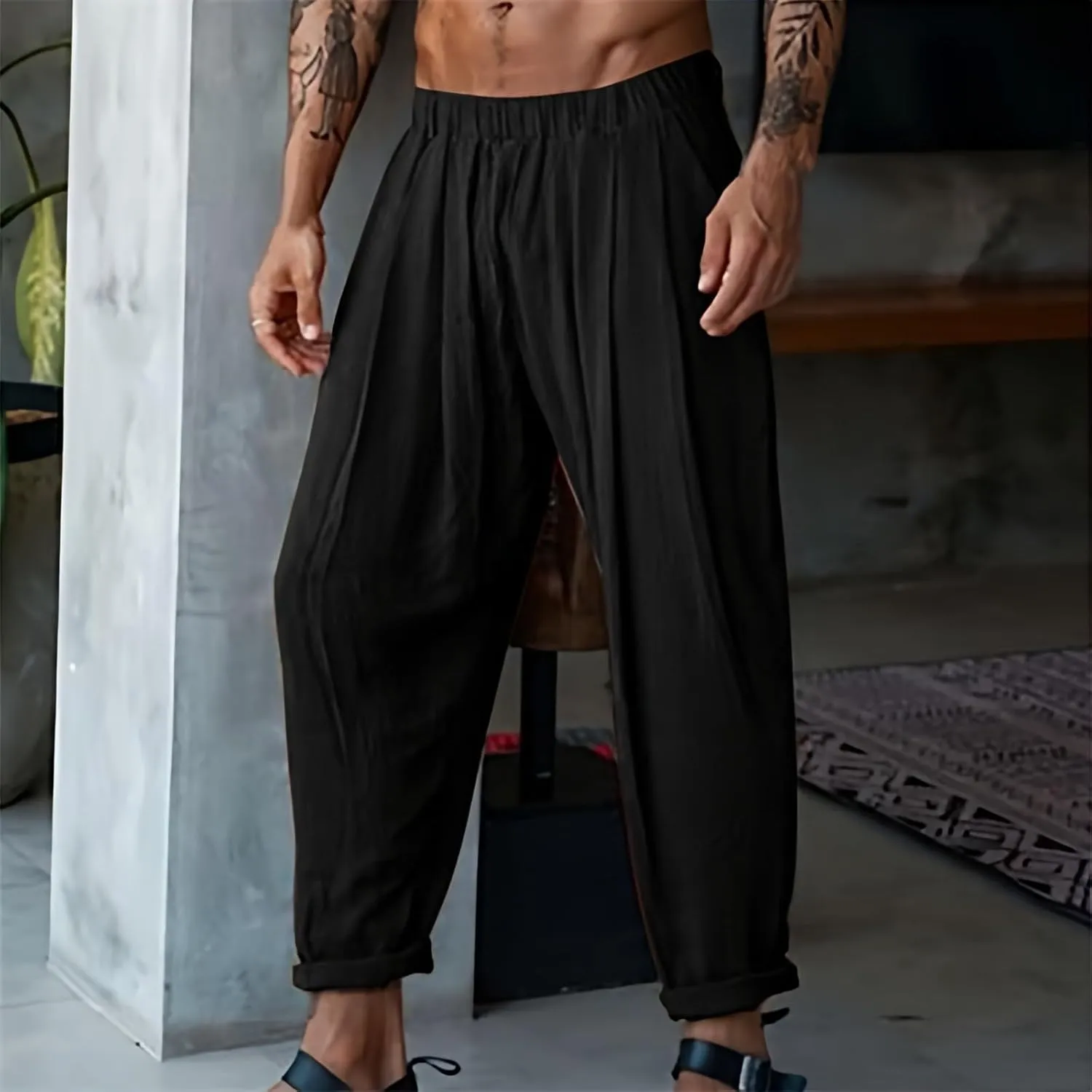 Cotton Linen Cargo Pants for Mens Elastic Waistband Lightweight Sweatpants with Pockets Summer Solid Regular Fit Activewears