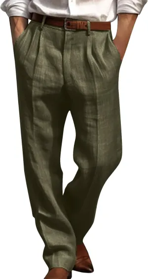 Cotton Linen Pants for Men Pleated Front Trouser Straight Leg Suit Pant Casual Solid Color Office Trousers