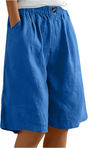 Cotton Linen Pants for Women Half Shorts Pants Summer Elastic Waist Buttons Solid Color Casual Pockets Pants