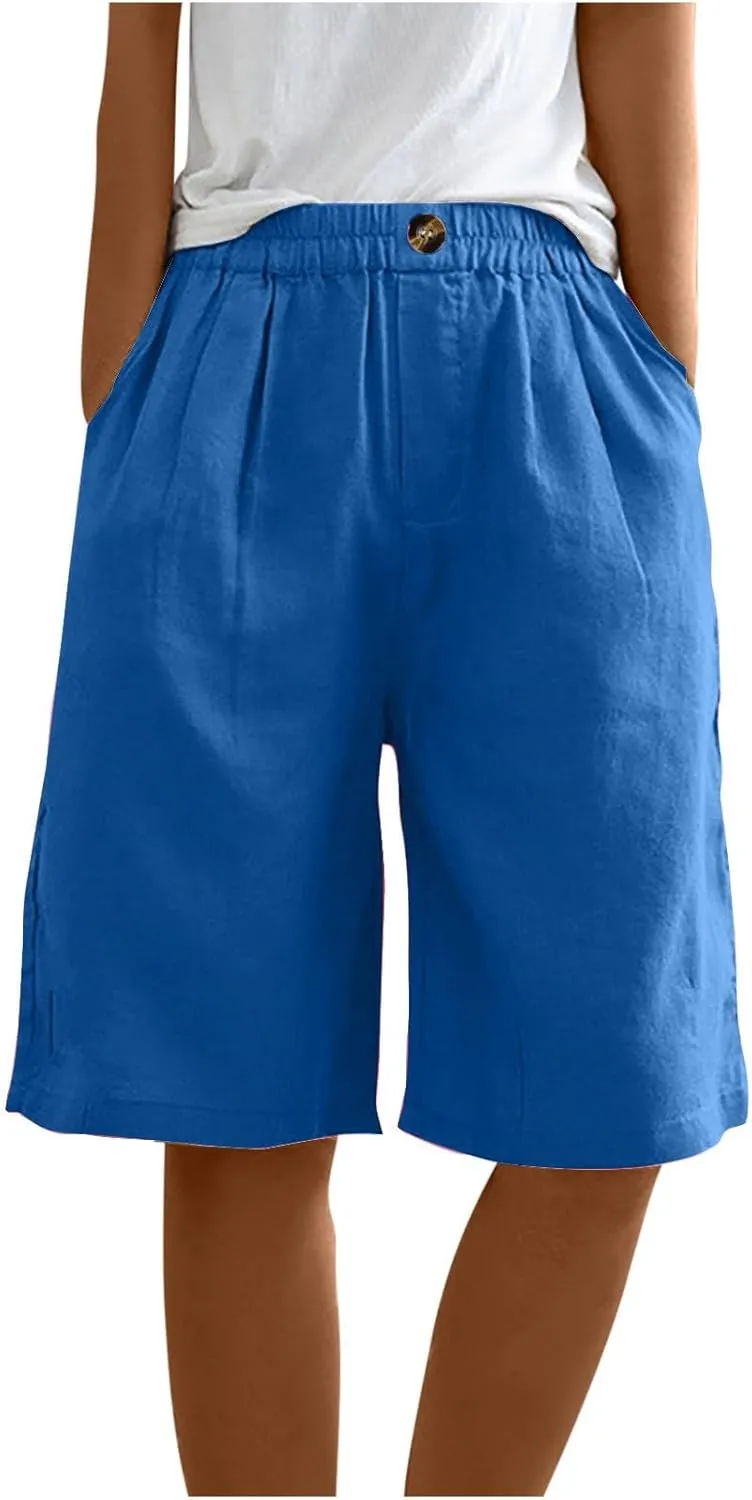 Cotton Linen Pants for Women Half Shorts Pants Summer Elastic Waist Buttons Solid Color Casual Pockets Pants
