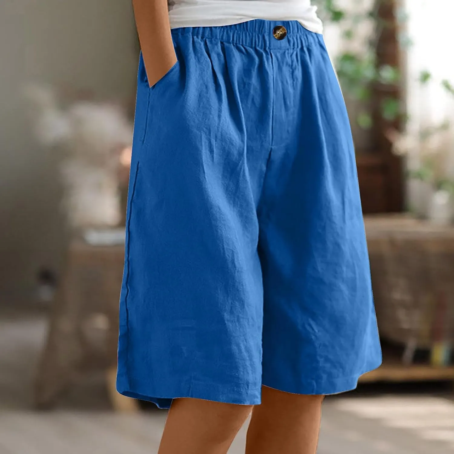 Cotton Linen Pants for Women Half Shorts Pants Summer Elastic Waist Buttons Solid Color Casual Pockets Pants