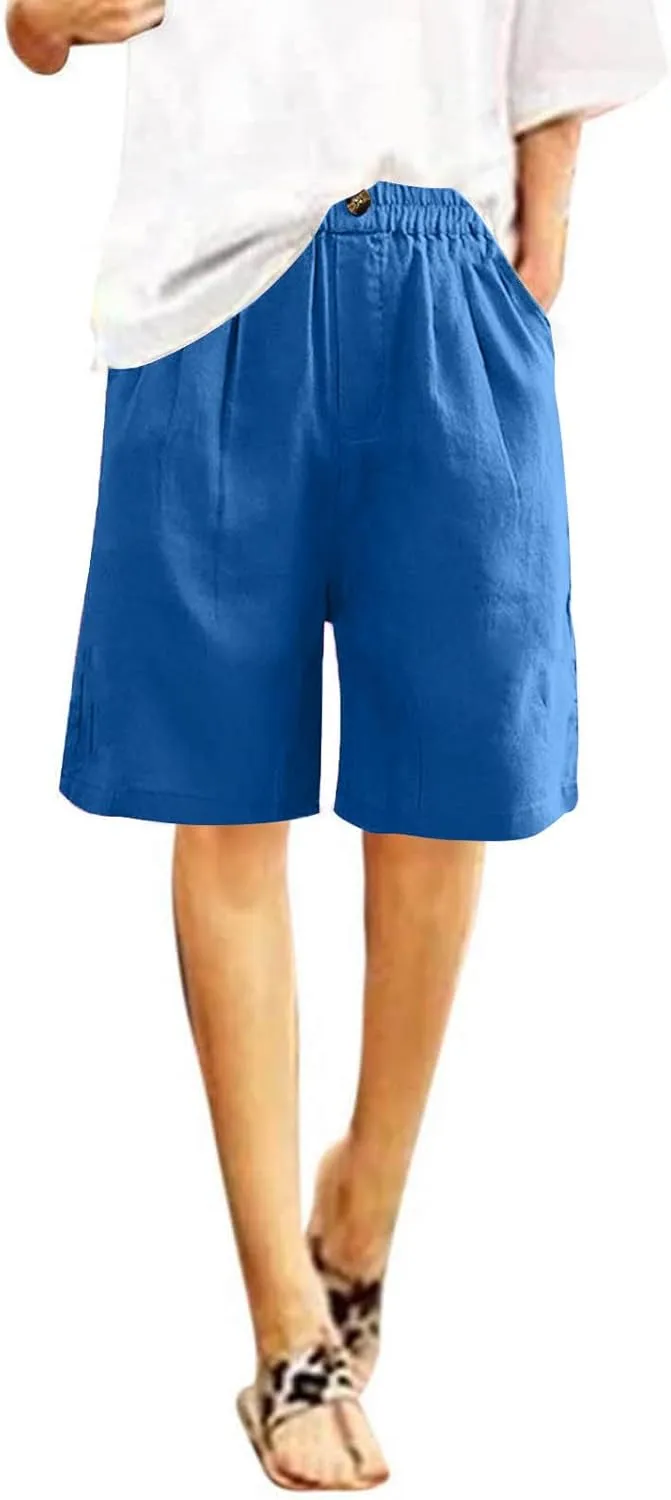 Cotton Linen Pants for Women Half Shorts Pants Summer Elastic Waist Buttons Solid Color Casual Pockets Pants
