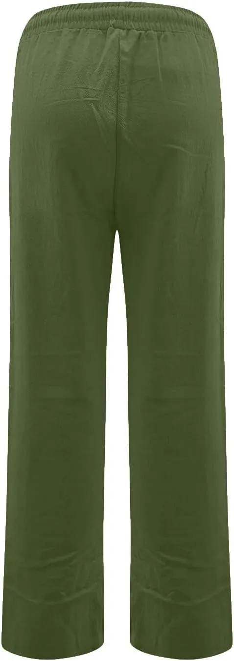 Cotton Linen Pants for Women Straight Leg Drawstring Long Trouser Loose Fit High Waist Beach Pants with Pockets