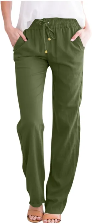 Cotton Linen Pants for Women Straight Leg Drawstring Long Trouser Loose Fit High Waist Beach Pants with Pockets