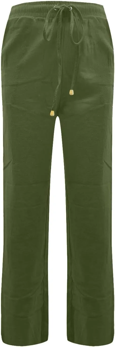 Cotton Linen Pants for Women Straight Leg Drawstring Long Trouser Loose Fit High Waist Beach Pants with Pockets