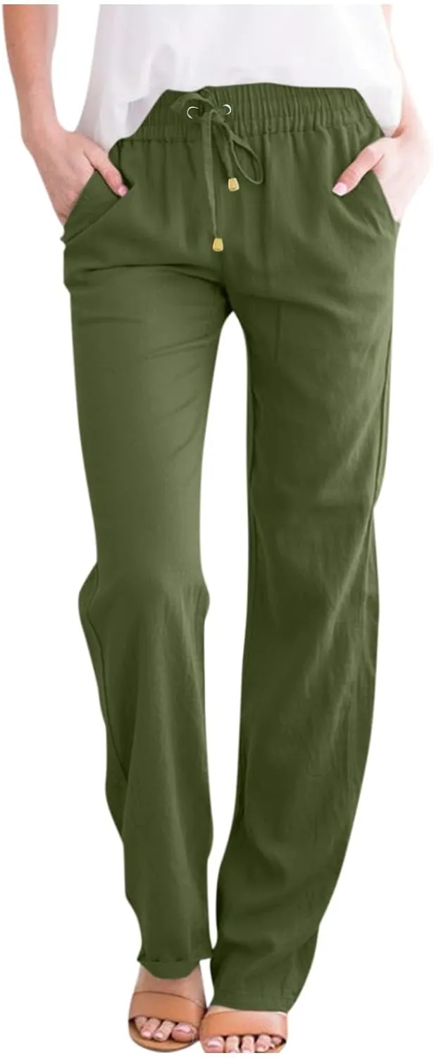 Cotton Linen Pants for Women Straight Leg Drawstring Long Trouser Loose Fit High Waist Beach Pants with Pockets