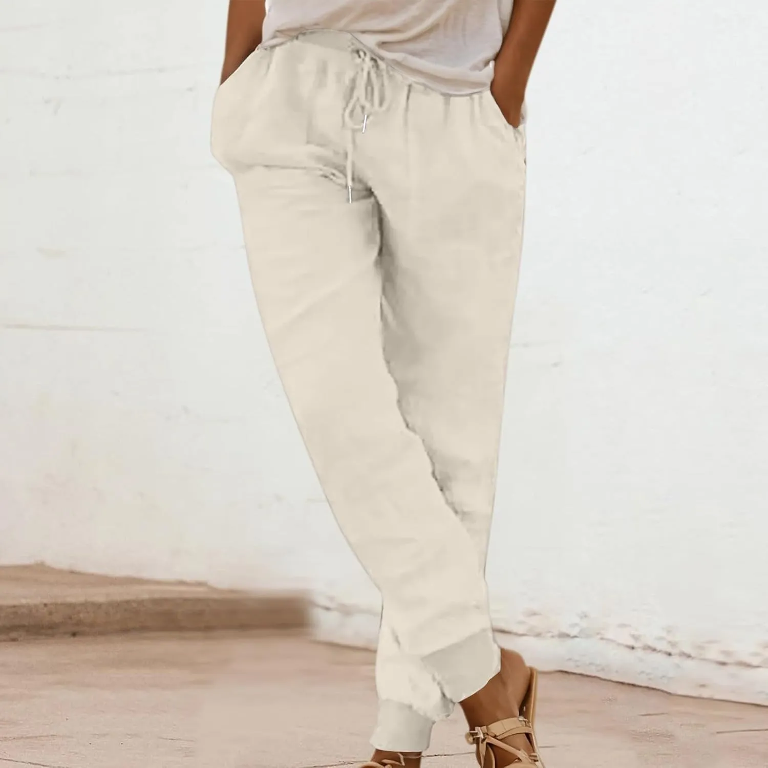 Cotton Linen Pants for Women Summer Causal Baggy Wide Leg Pants Loose Solid Drawstring Elastic High Waist Beach Trouser