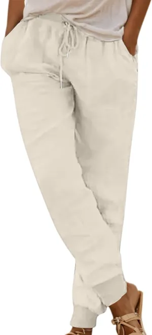 Cotton Linen Pants for Women Summer Causal Baggy Wide Leg Pants Loose Solid Drawstring Elastic High Waist Beach Trouser