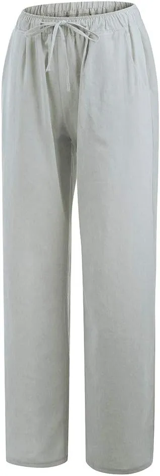 Cotton Linen Pants Women Summer 2025 Drawstring Elastic Waist Wide Leg Casual Beach Trouser Loose Lounge Palazzo Pant