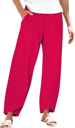 Cotton Linen Pants Women Summer Plus Size Lightweight Lounge Pant Hight Waist Vacation Beach Trousers with Pockets