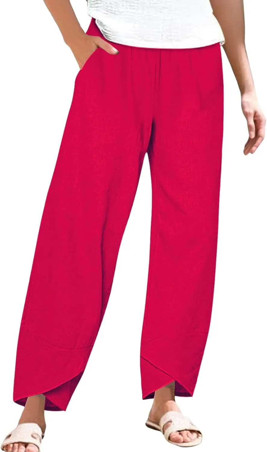 Cotton Linen Pants Women Summer Plus Size Lightweight Lounge Pant Hight Waist Vacation Beach Trousers with Pockets