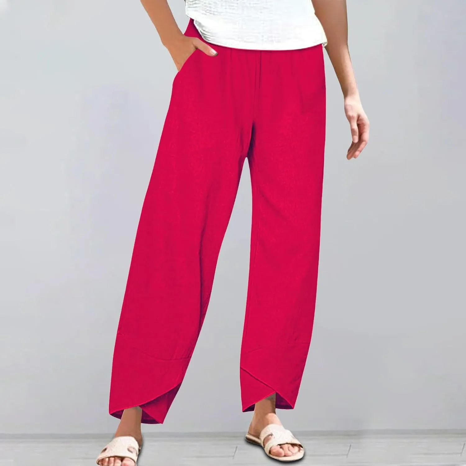 Cotton Linen Pants Women Summer Plus Size Lightweight Lounge Pant Hight Waist Vacation Beach Trousers with Pockets