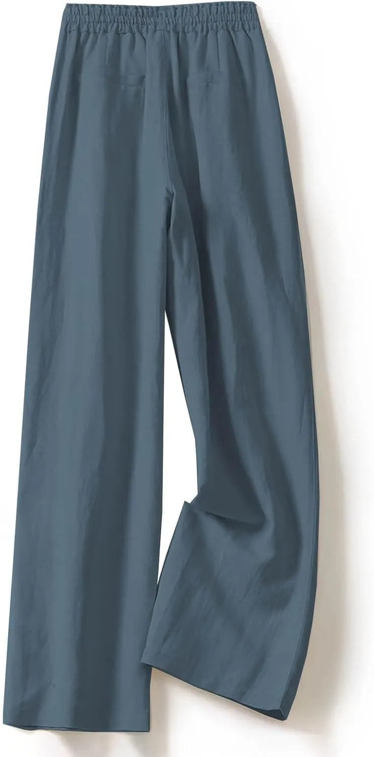 Cotton Linen Wide Leg Pants for Women Summer Casual Yoga Palazzo Pants High Waist Straight Leg Trousers with Pockets