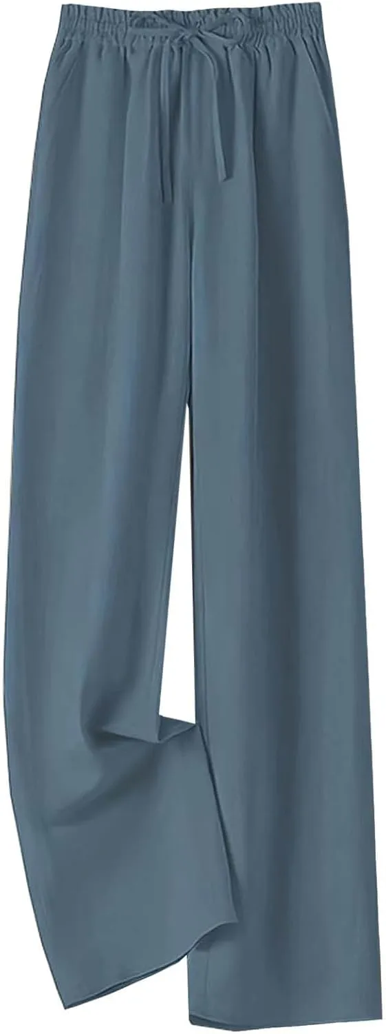 Cotton Linen Wide Leg Pants for Women Summer Casual Yoga Palazzo Pants High Waist Straight Leg Trousers with Pockets