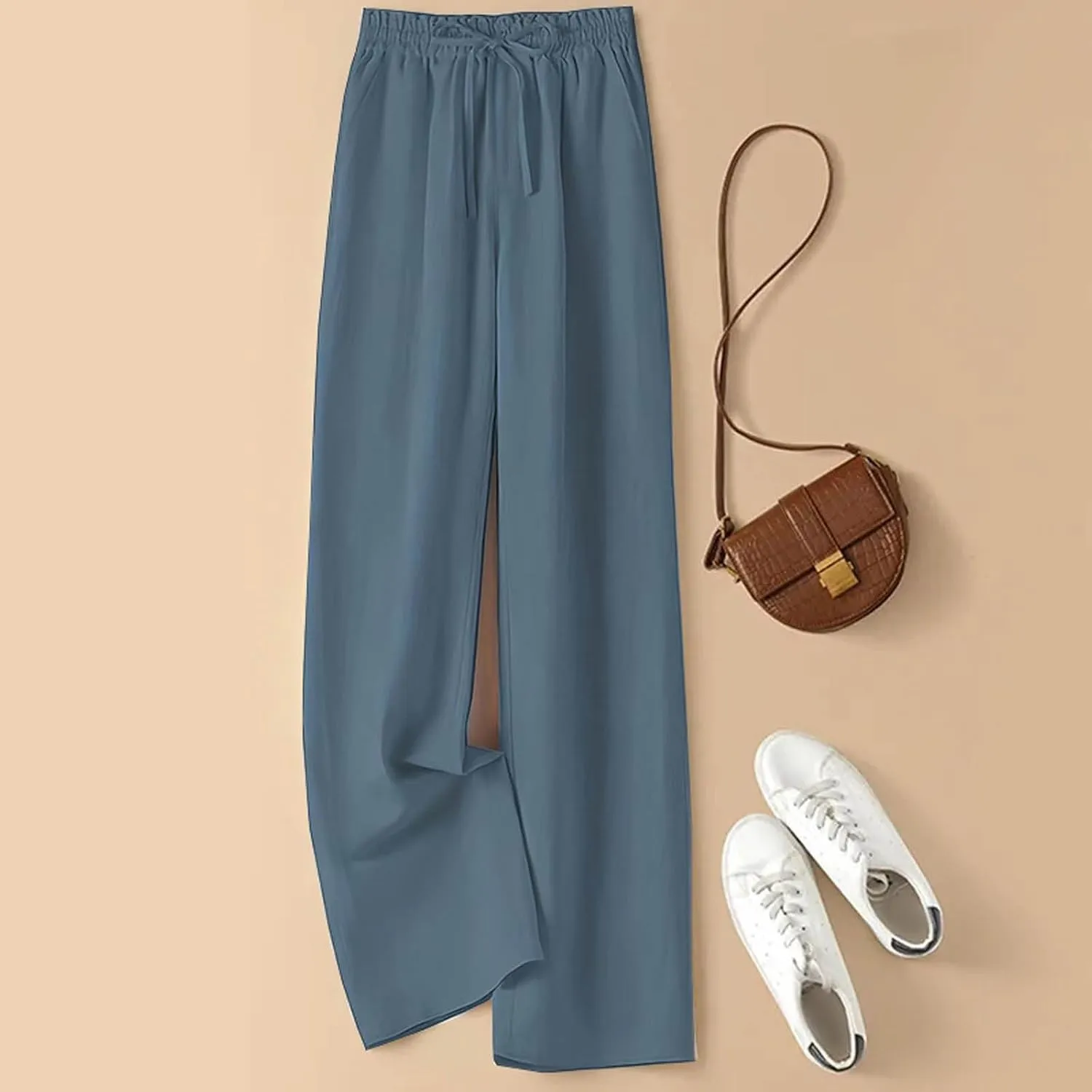 Cotton Linen Wide Leg Pants for Women Summer Casual Yoga Palazzo Pants High Waist Straight Leg Trousers with Pockets