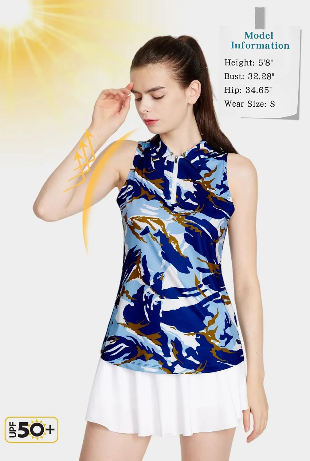 CQC Women's Sleeveless Golf Shirts Quick Dry Floral Athletic Polo with Collar Zip Up Lightweight Tennis Tank Tops