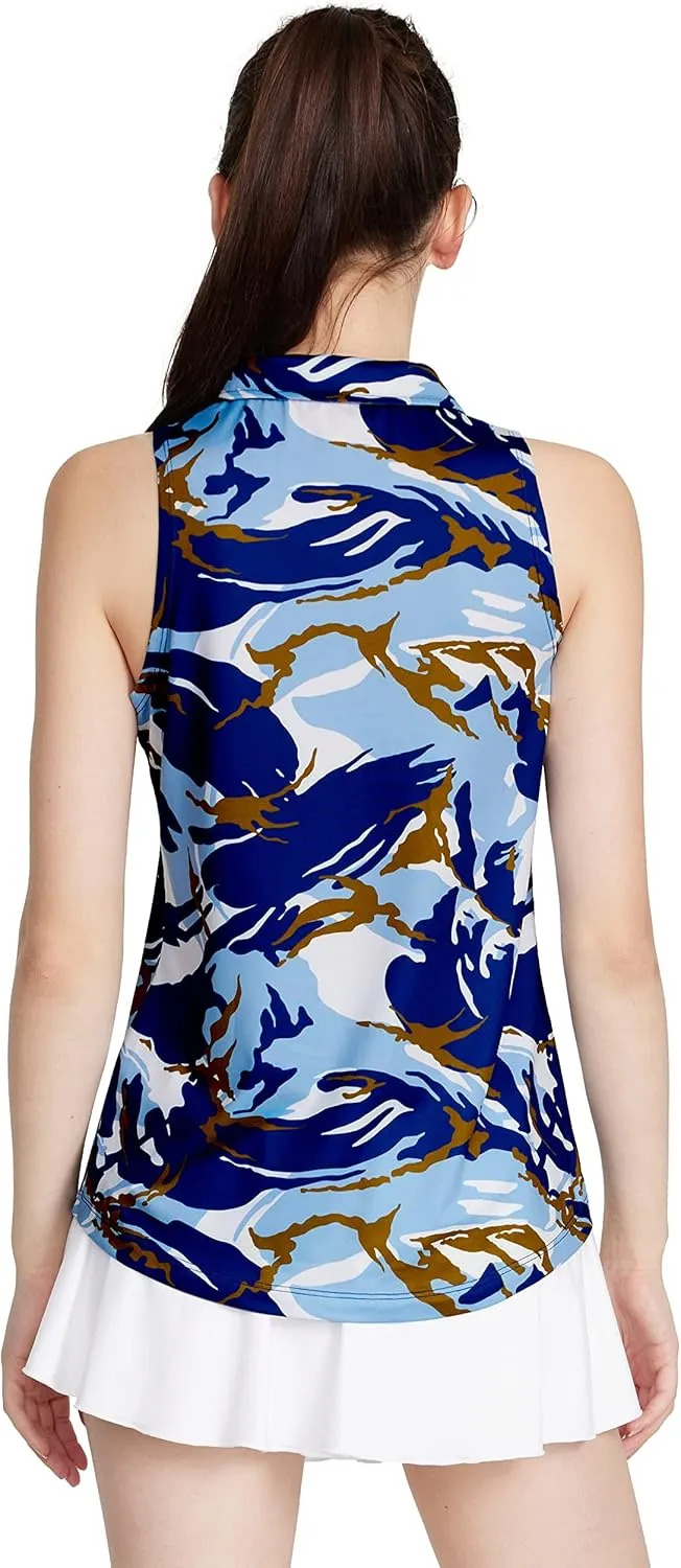 CQC Women's Sleeveless Golf Shirts Quick Dry Floral Athletic Polo with Collar Zip Up Lightweight Tennis Tank Tops