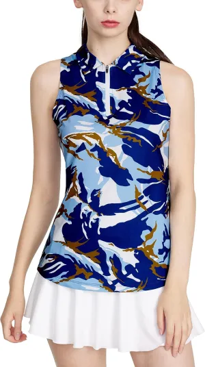 CQC Women's Sleeveless Golf Shirts Quick Dry Floral Athletic Polo with Collar Zip Up Lightweight Tennis Tank Tops