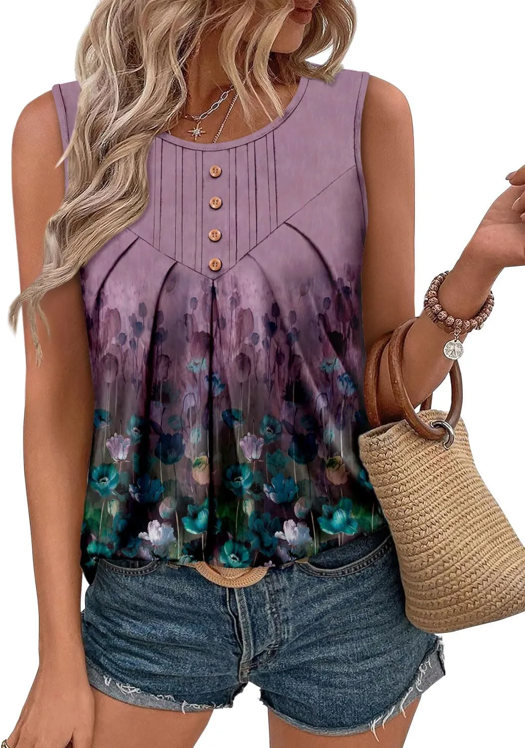 CRAZY GRID Women Summer Tank Tops Round Neck Sleeeveless Folded Front Tunic Casual Outfit 2025 Basic Loose Shirts