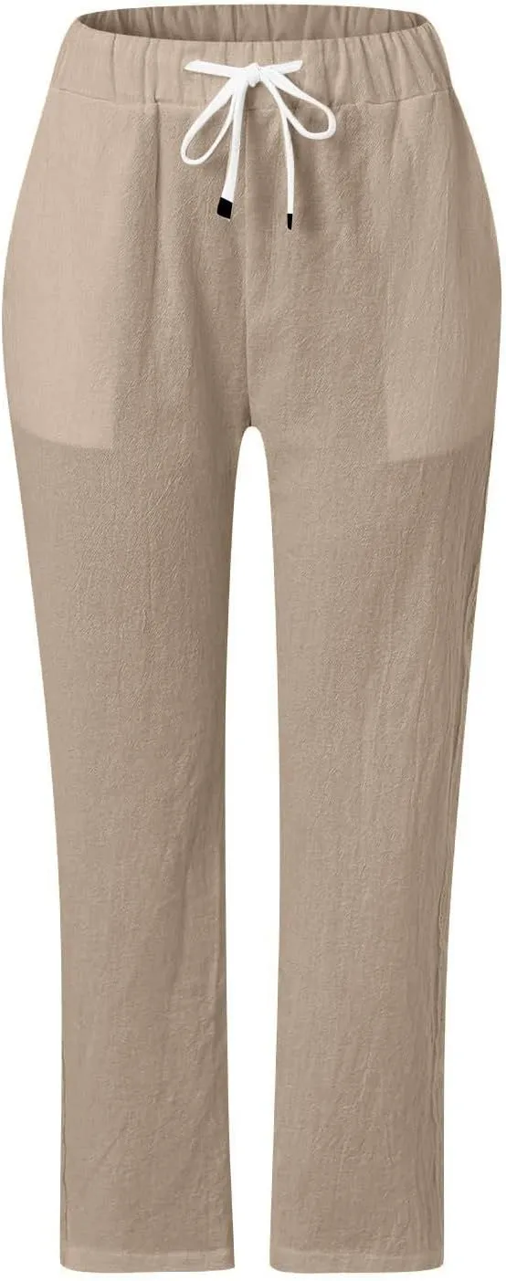 Cropped Linen Pants Women Casual Drawstring Waist Lightweight Summer Pants Loose Boho Beach Trousers with Pockets