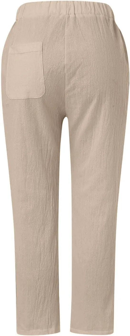 Cropped Linen Pants Women Casual Drawstring Waist Lightweight Summer Pants Loose Boho Beach Trousers with Pockets