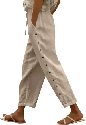 Cropped Linen Pants Women Casual Drawstring Waist Lightweight Summer Pants Loose Boho Beach Trousers with Pockets