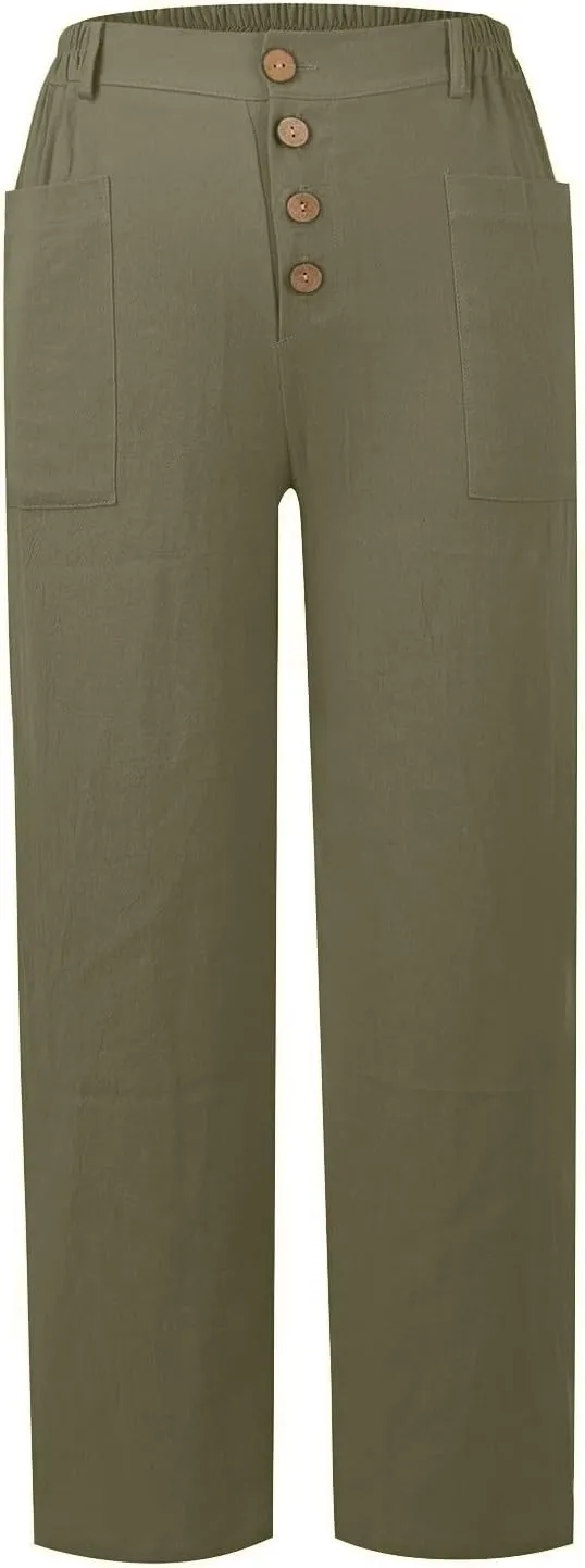 Cropped Linen Pants Women Summer Elastic Waist Plus Size Capri Pants Casual Baggy Straight Leg Pants with Pockets