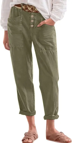 Cropped Linen Pants Women Summer Elastic Waist Plus Size Capri Pants Casual Baggy Straight Leg Pants with Pockets