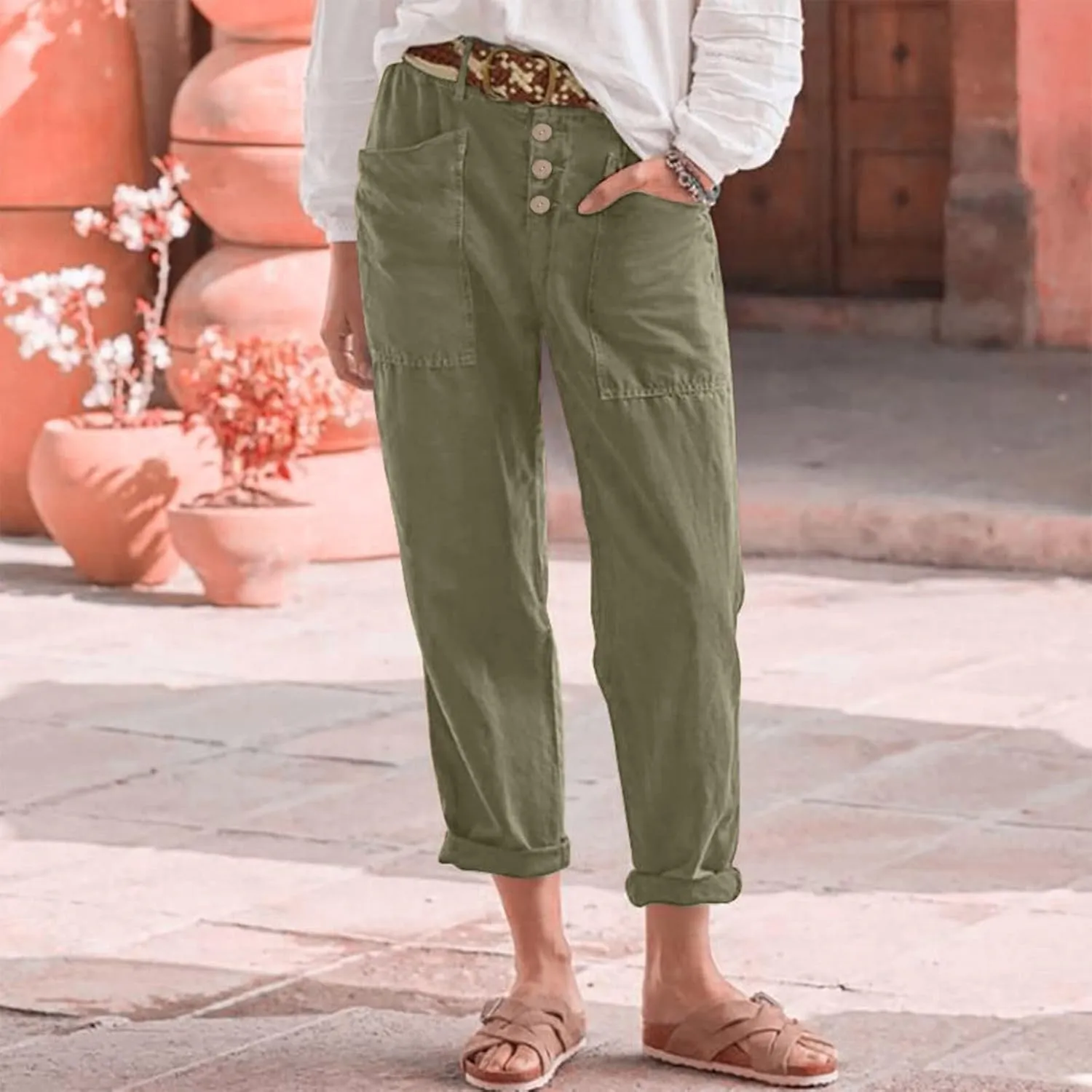 Cropped Linen Pants Women Summer Elastic Waist Plus Size Capri Pants Casual Baggy Straight Leg Pants with Pockets