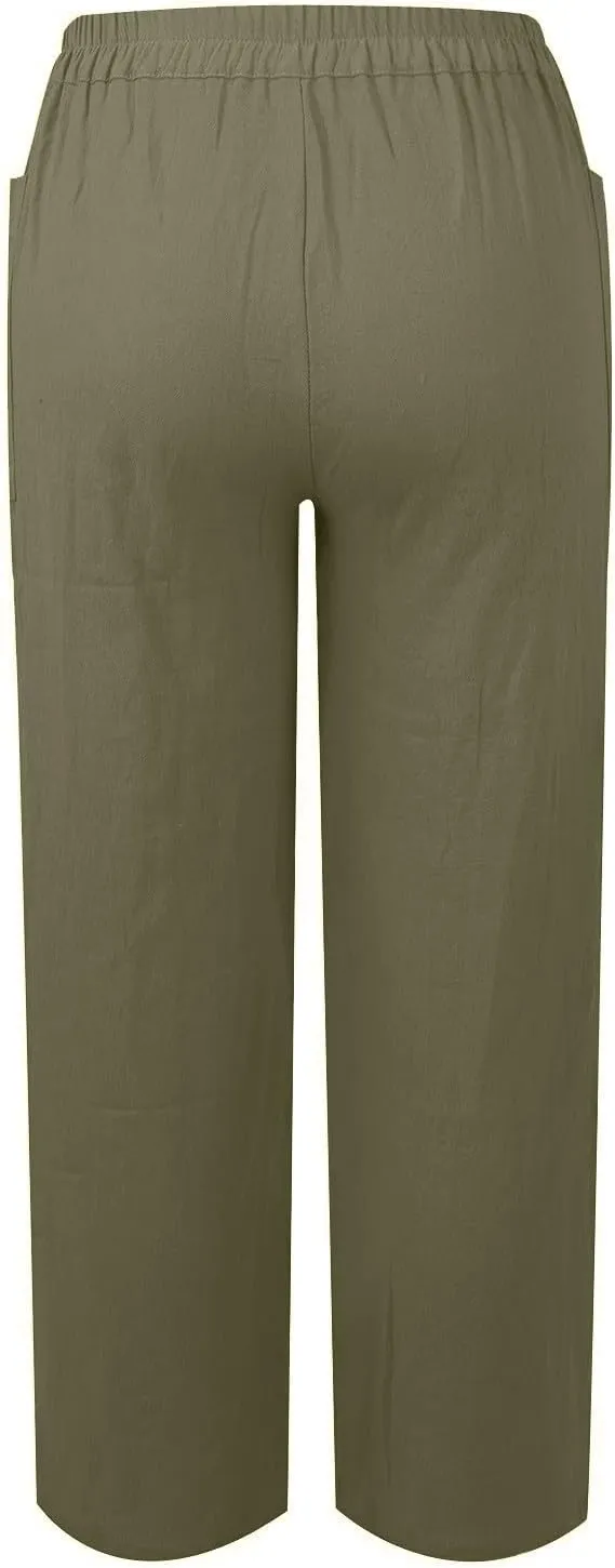Cropped Linen Pants Women Summer Elastic Waist Plus Size Capri Pants Casual Baggy Straight Leg Pants with Pockets