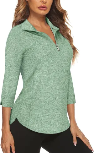 Cucuchy Style Womens Golf Shirt 3/4 Sleeve Quarter Zip Workout Tennis Tops Quick Dry UPF 50  Shirts