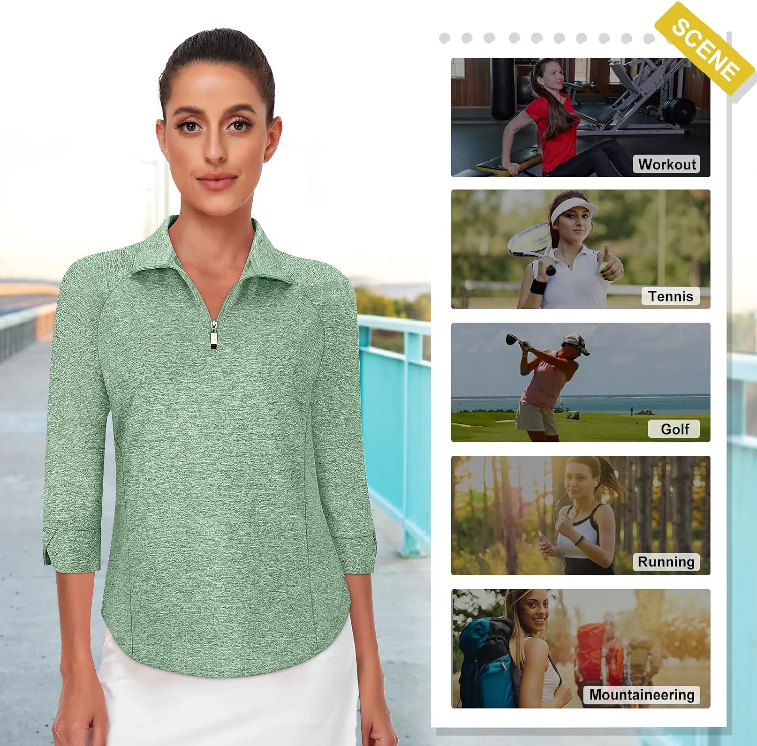 Cucuchy Style Womens Golf Shirt 3/4 Sleeve Quarter Zip Workout Tennis Tops Quick Dry UPF 50  Shirts